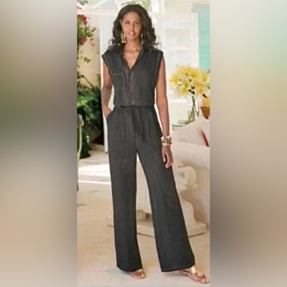 Soft Surroundings Camilla Jumpsuit Front Tie Button Charcoal Black - Picture 2 of 7